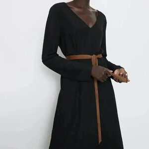 ZARA Black + Brown Belted Midi Long-Sleeve Dress